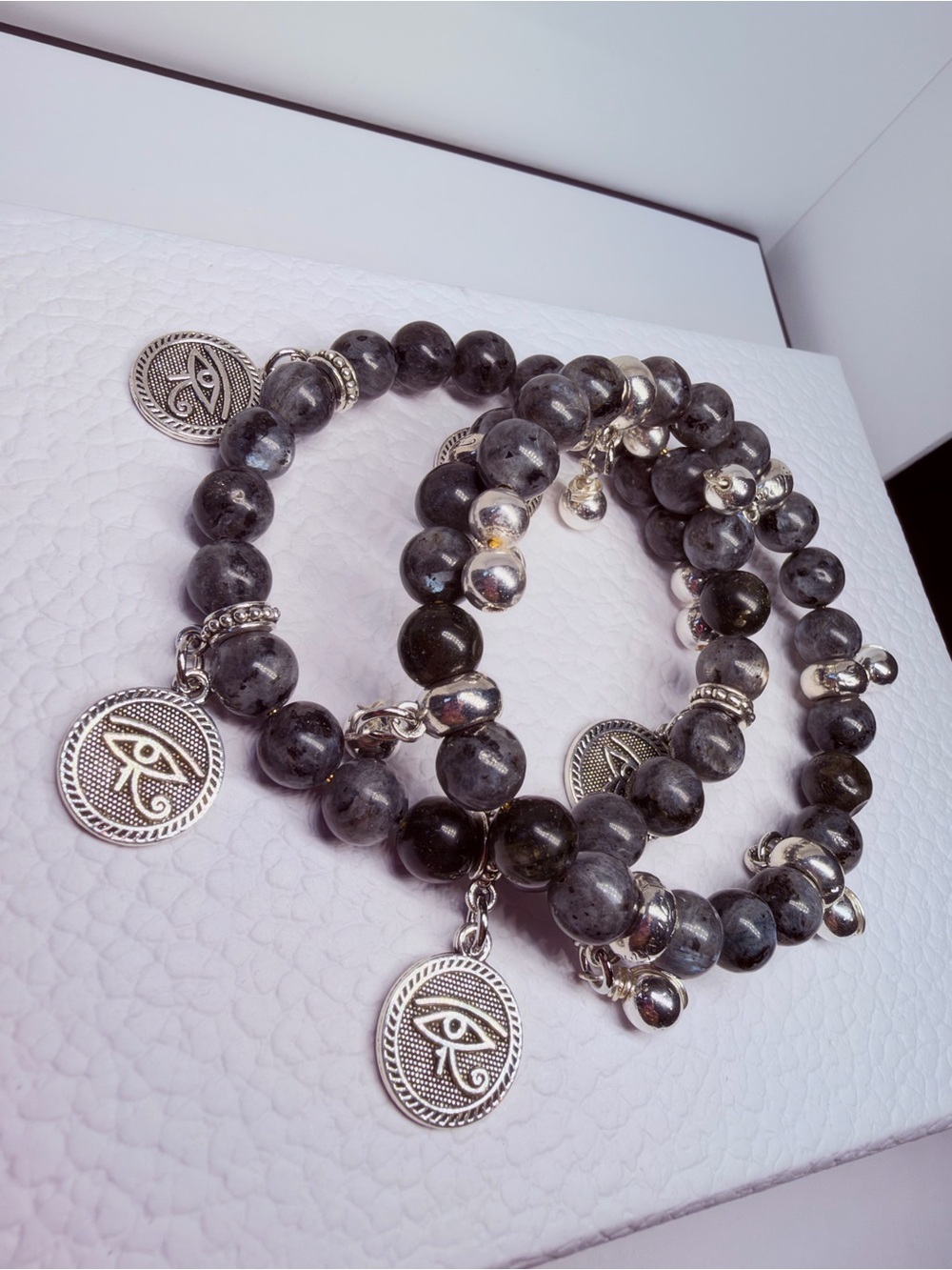 Labradorite Bead wire Bracelet Set with Silver Horus Charms